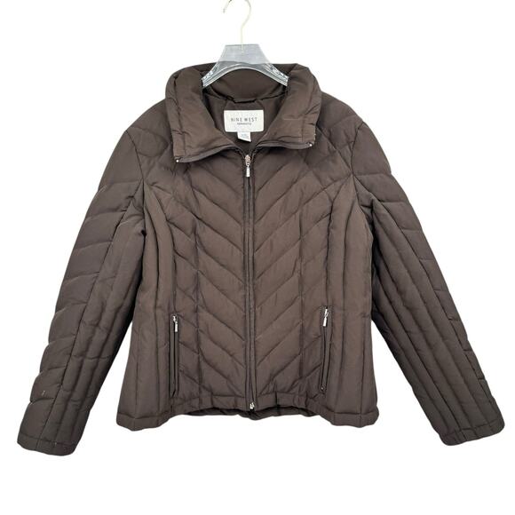Nine West Women's Dark Brown Quilted Down Filled Collared Classic Puffer Jacket - Picture 8 of 12